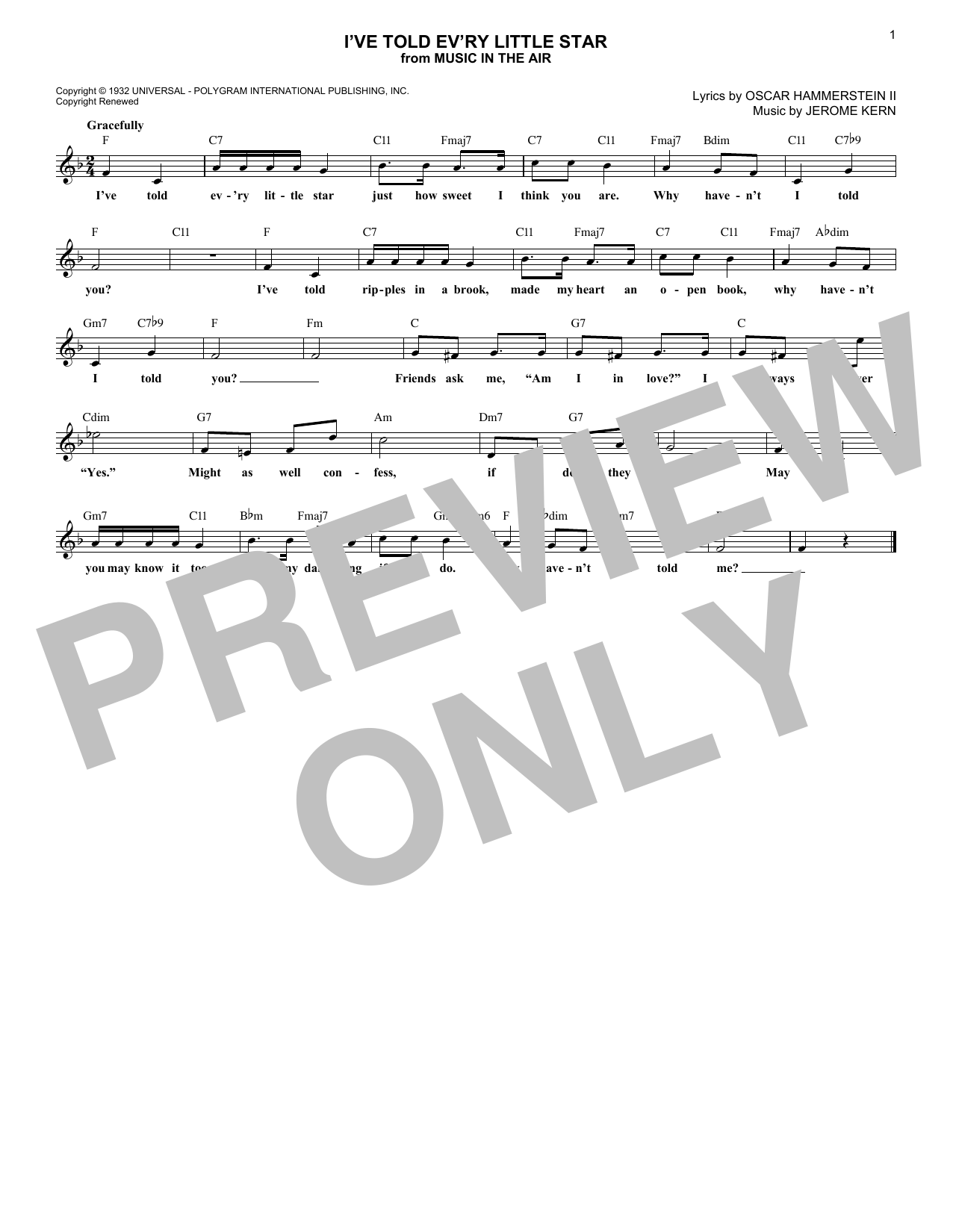 Oscar Hammerstein II I've Told Ev'ry Little Star sheet music notes and chords arranged for Lead Sheet / Fake Book