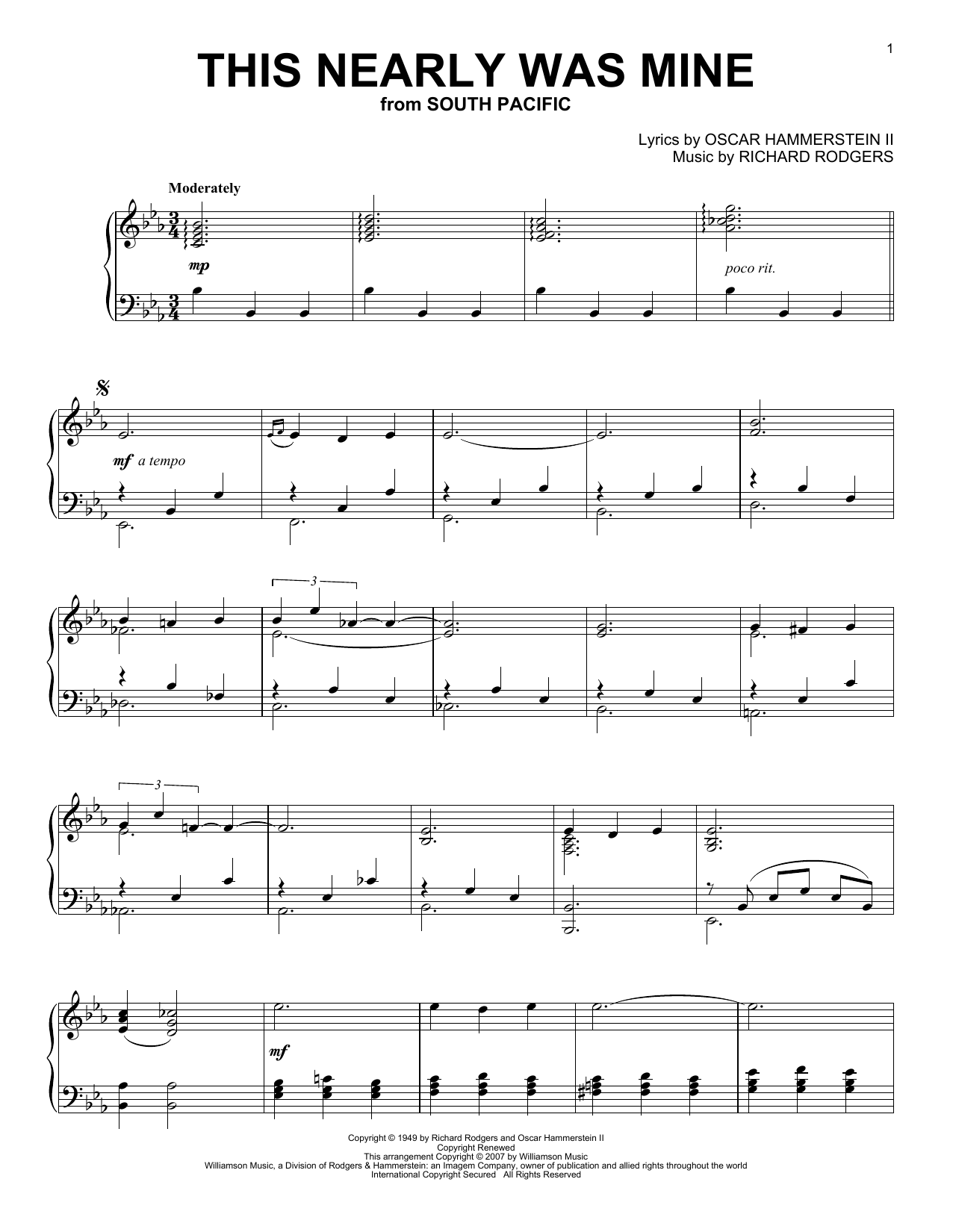 Oscar Hammerstein II This Nearly Was Mine sheet music notes and chords arranged for Piano Solo