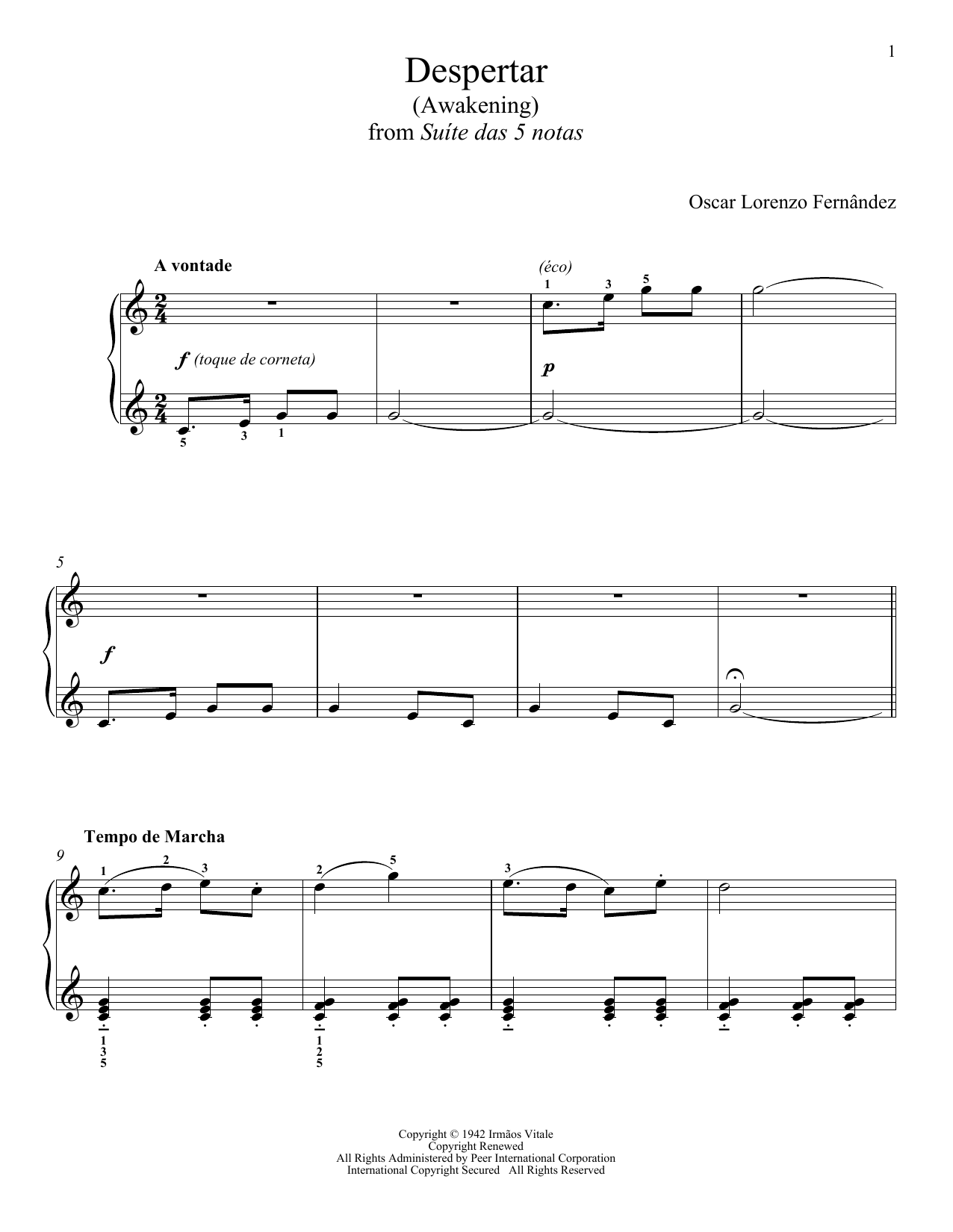 OSCAR LORENZO FERNANDEZ Despertar sheet music notes and chords arranged for Piano Solo