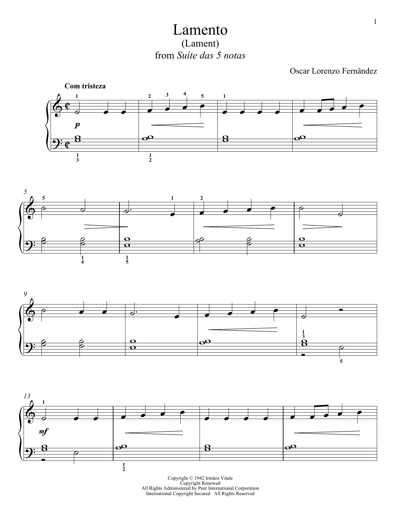 OSCAR LORENZO FERNANDEZ Lamento sheet music notes and chords arranged for Piano Solo