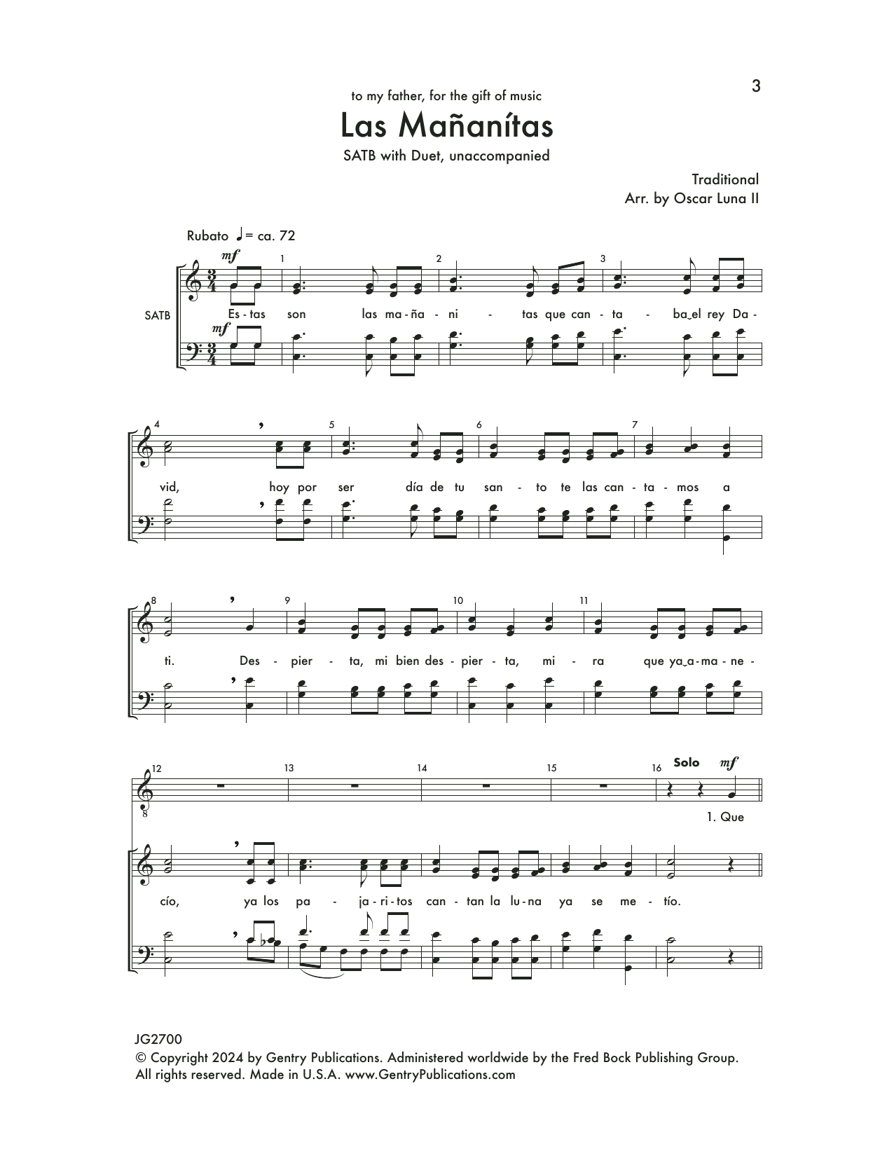 Oscar Luna Las Mañanitas sheet music notes and chords arranged for SATB Choir