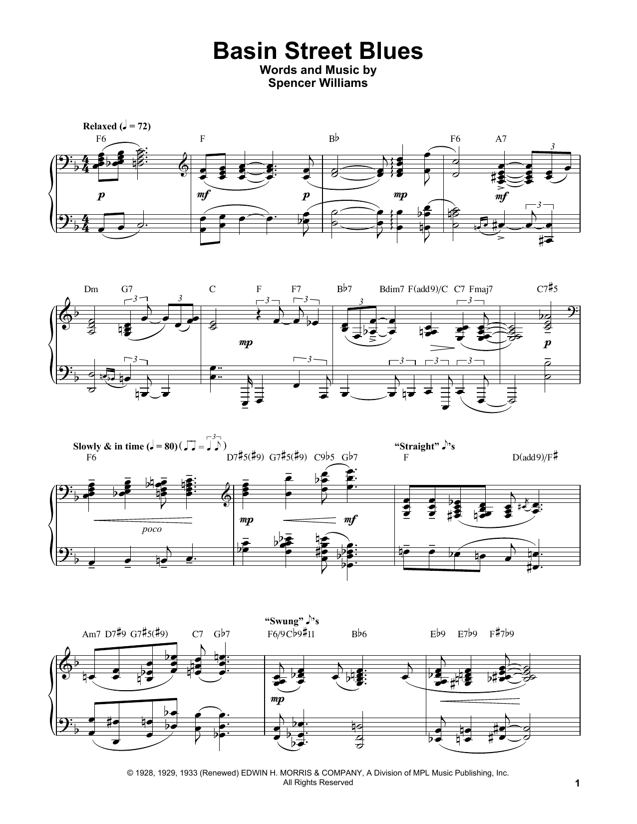 Oscar Peterson Basin Street Blues sheet music notes and chords arranged for Piano Transcription