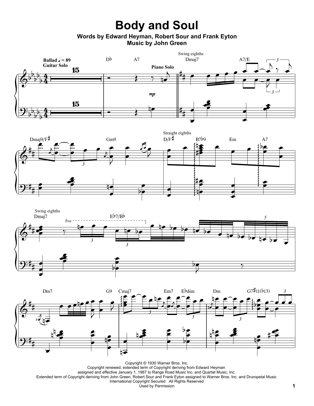 Oscar Peterson Body And Soul sheet music notes and chords arranged for Piano Transcription