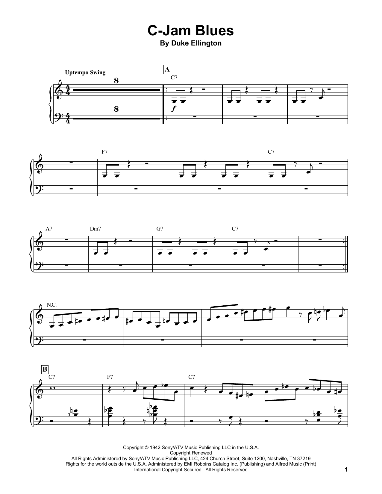 Oscar Peterson C-Jam Blues sheet music notes and chords arranged for Piano Transcription