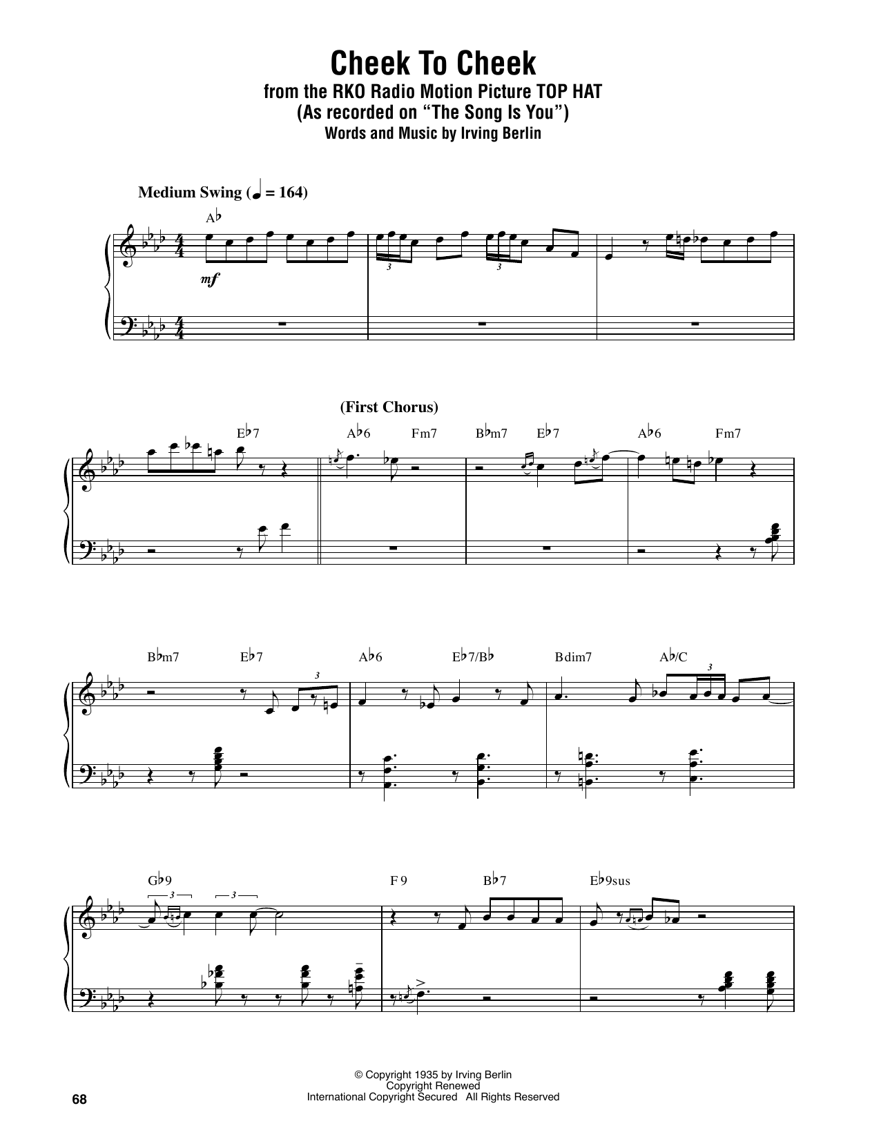 Oscar Peterson Cheek To Cheek sheet music notes and chords arranged for Piano Transcription