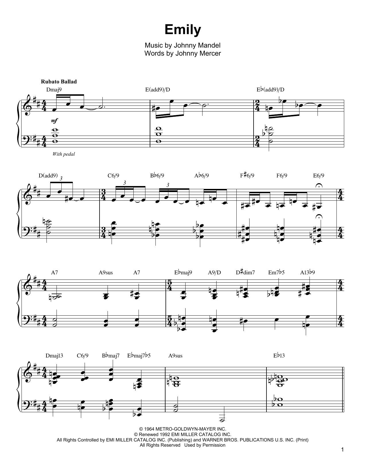 Oscar Peterson Emily sheet music notes and chords arranged for Piano Transcription