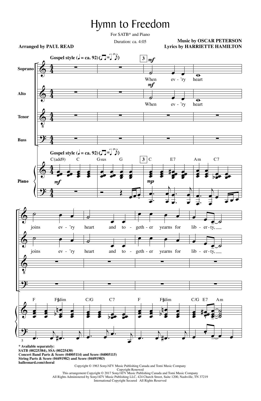 Oscar Peterson Hymn To Freedom (arr. Paul Read) sheet music notes and chords arranged for SATB Choir