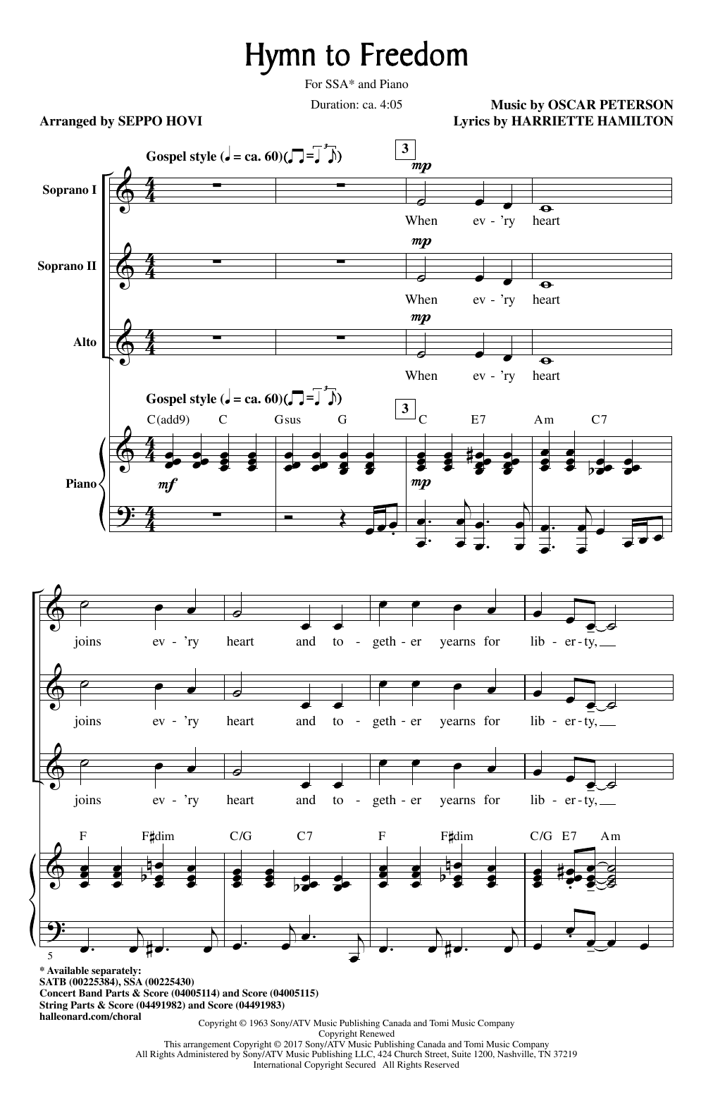 Oscar Peterson Hymn To Freedom (arr. Seppo Hovi) sheet music notes and chords arranged for SSA Choir