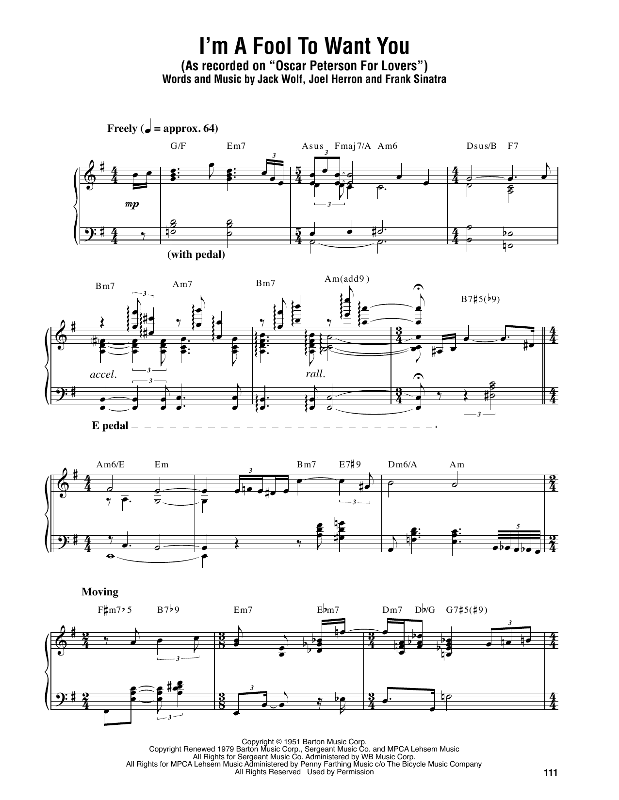 Oscar Peterson I'm A Fool To Want You sheet music notes and chords arranged for Piano Transcription