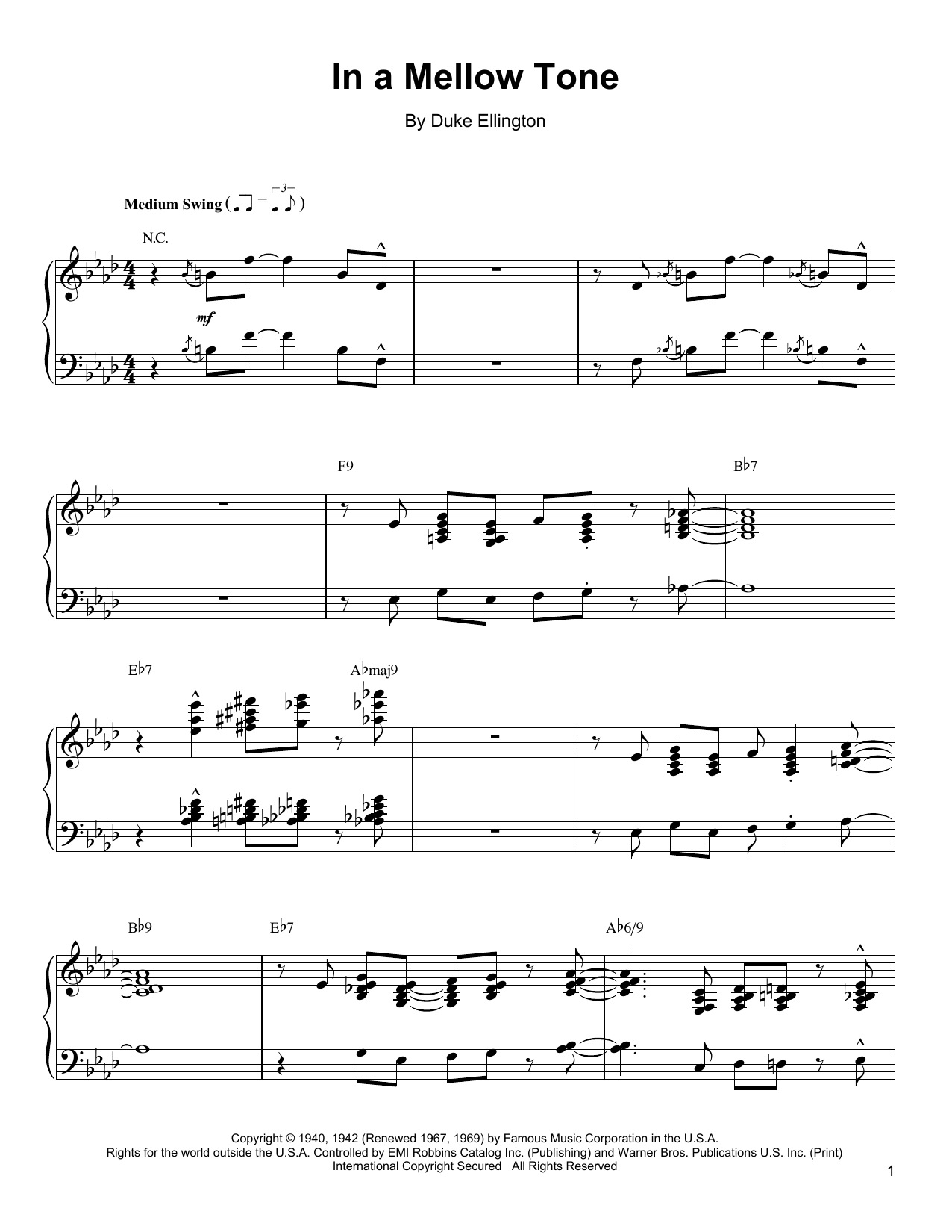 Oscar Peterson In A Mellow Tone sheet music notes and chords arranged for Piano Transcription