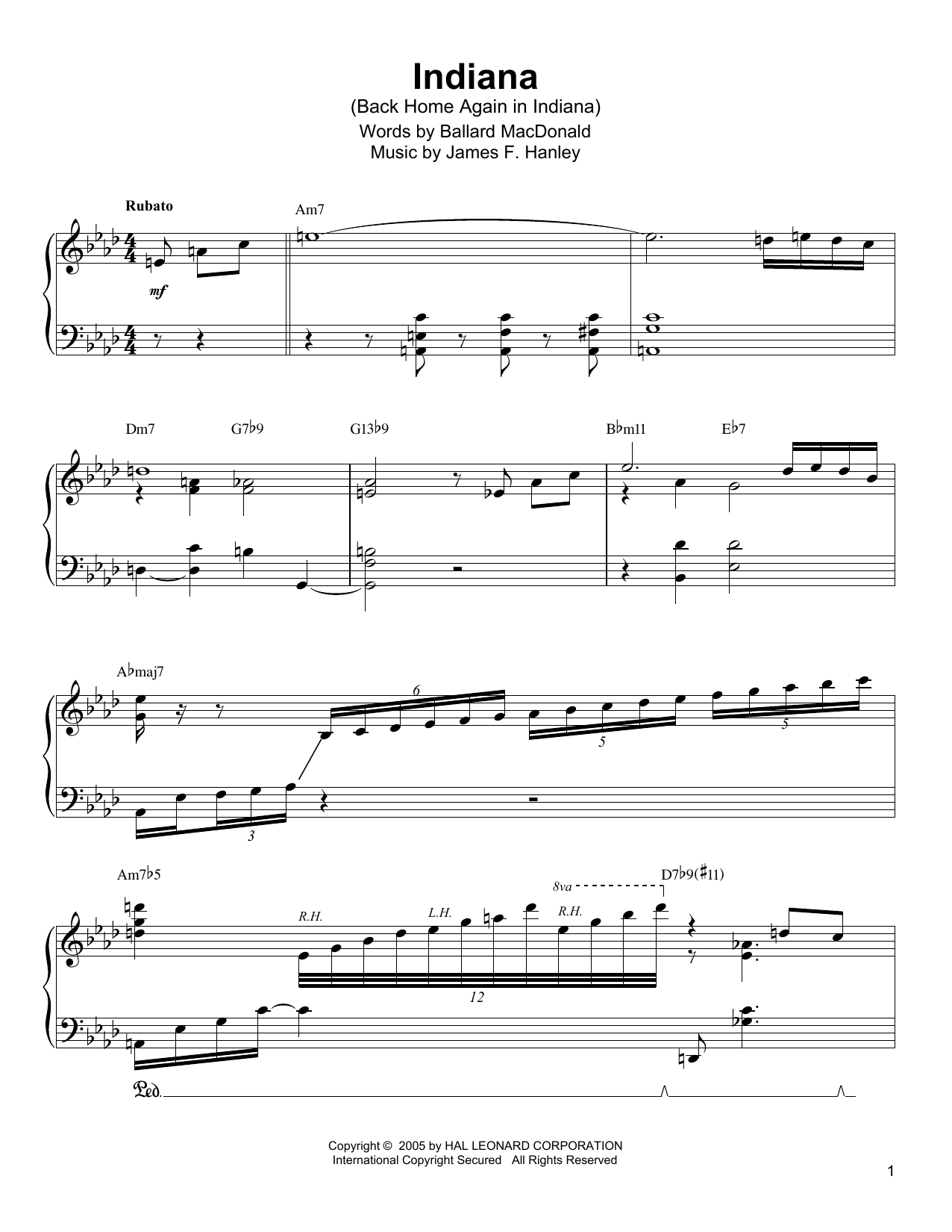 Oscar Peterson Indiana (Back Home Again In Indiana) sheet music notes and chords arranged for Piano Transcription