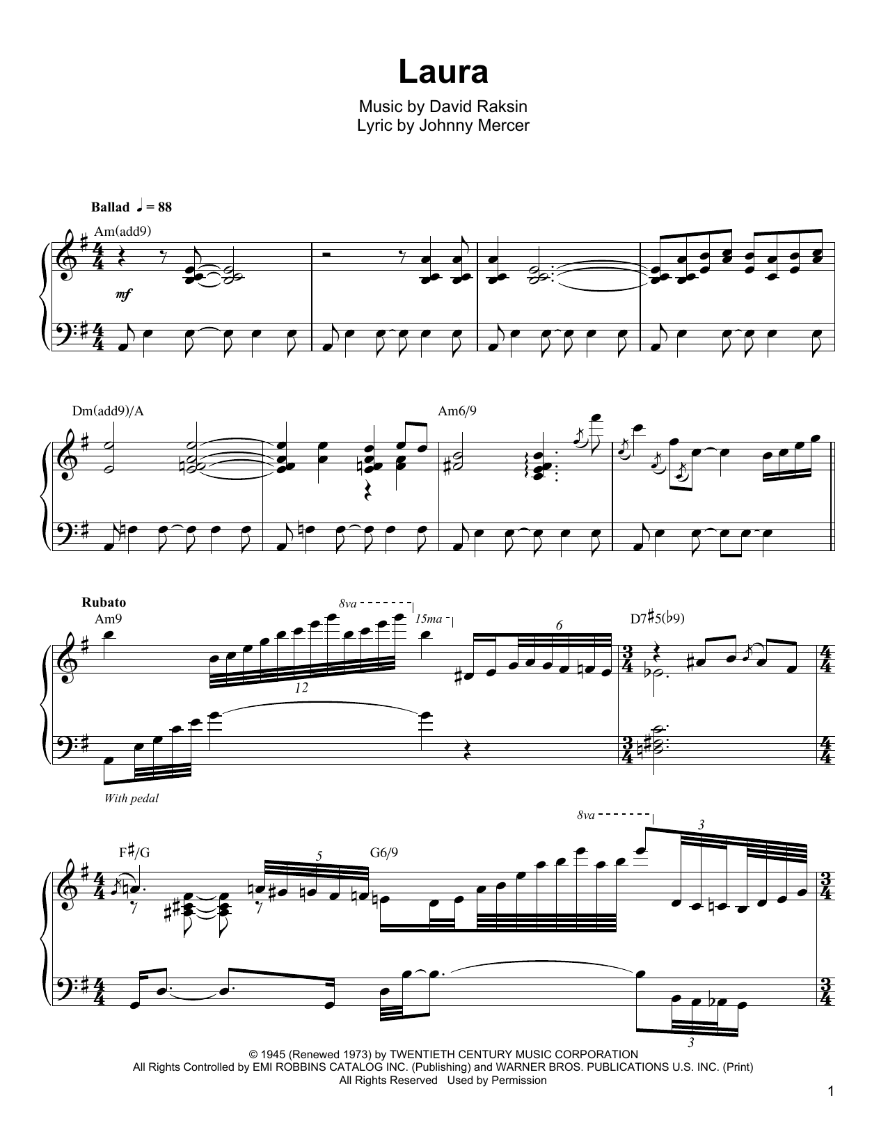 Oscar Peterson Laura sheet music notes and chords arranged for Piano Transcription