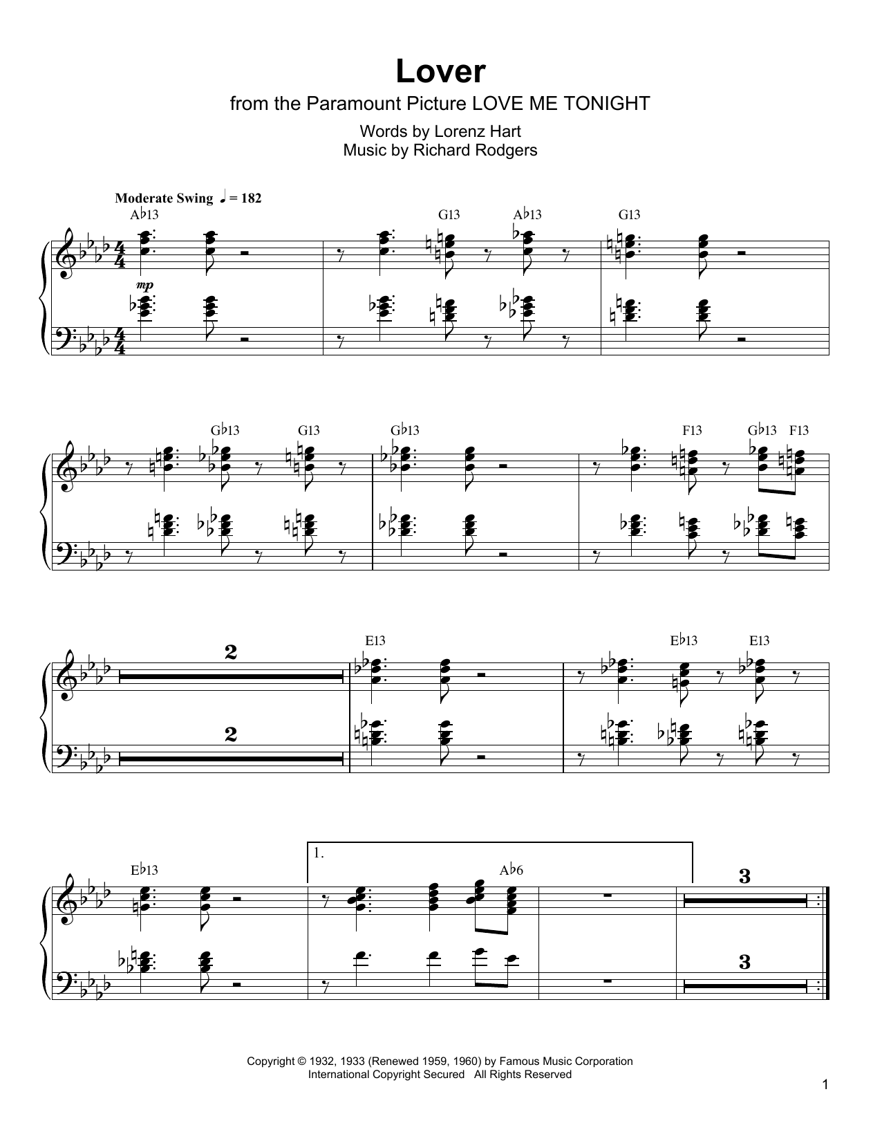 Oscar Peterson Lover sheet music notes and chords arranged for Piano Transcription