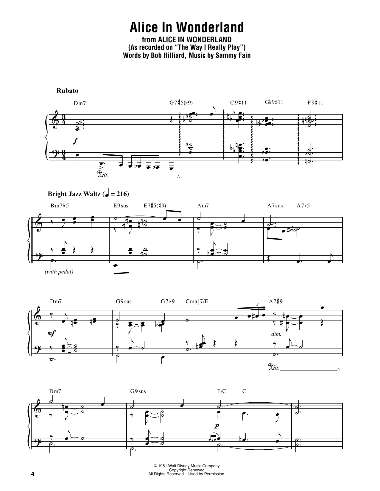 Oscar Peterson Main Title (Alice In Wonderland) sheet music notes and chords arranged for Piano Transcription