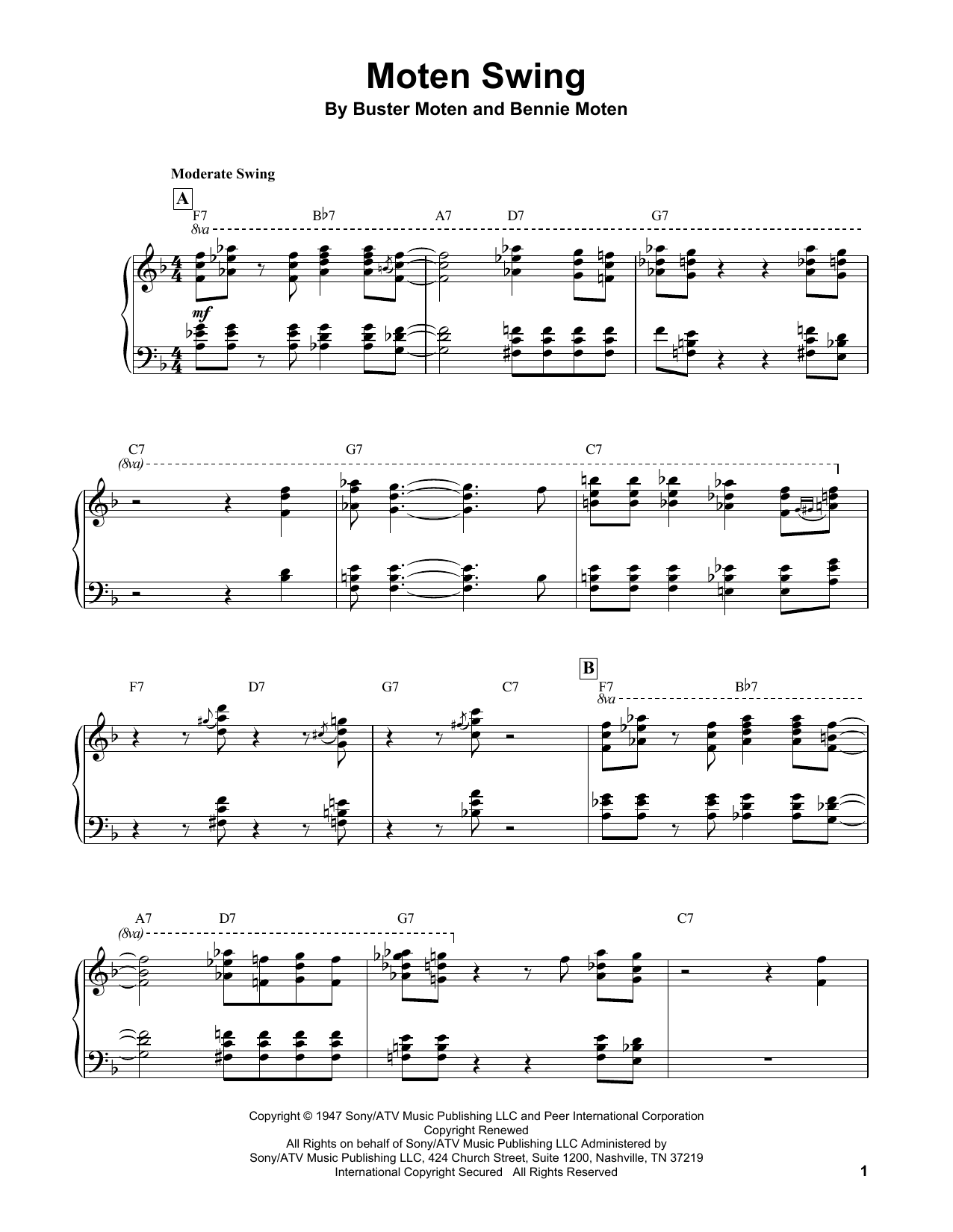 Oscar Peterson Moten Swing sheet music notes and chords arranged for Piano Transcription