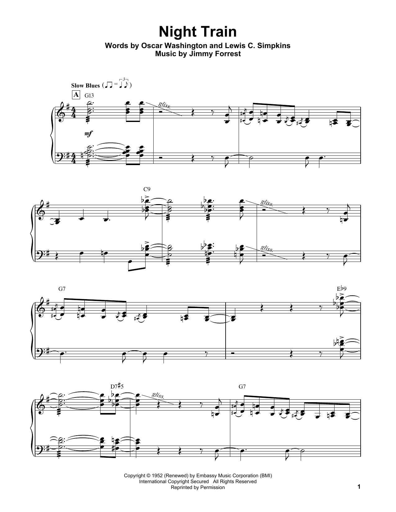 Oscar Peterson Night Train sheet music notes and chords arranged for Piano Transcription