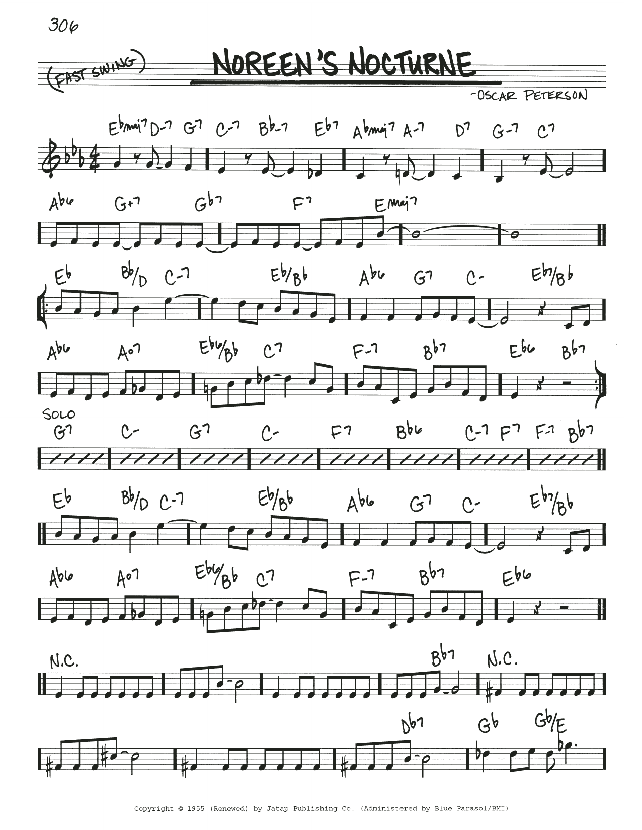 Oscar Peterson Noreen's Nocturne sheet music notes and chords arranged for Real Book – Melody & Chords