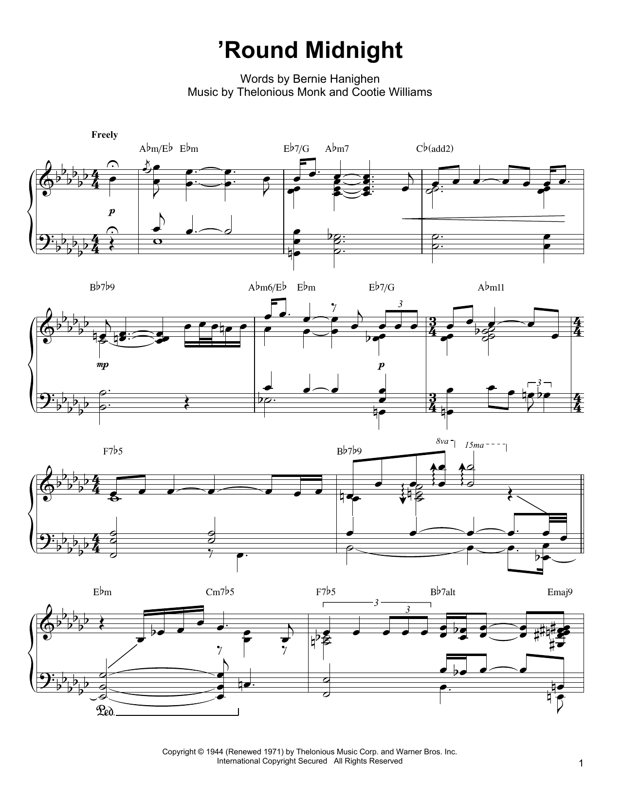 Oscar Peterson 'Round Midnight sheet music notes and chords arranged for Piano Transcription