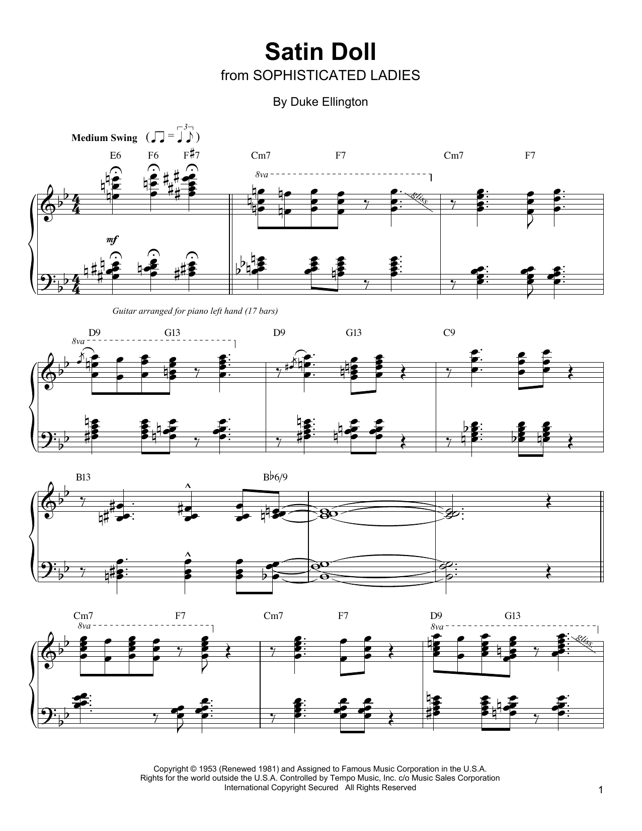 Oscar Peterson Satin Doll sheet music notes and chords arranged for Piano Transcription