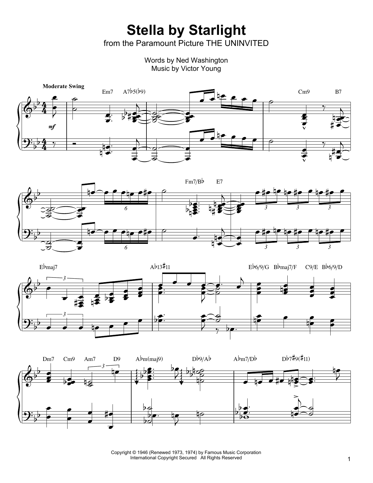 Oscar Peterson Stella By Starlight sheet music notes and chords arranged for Piano Transcription