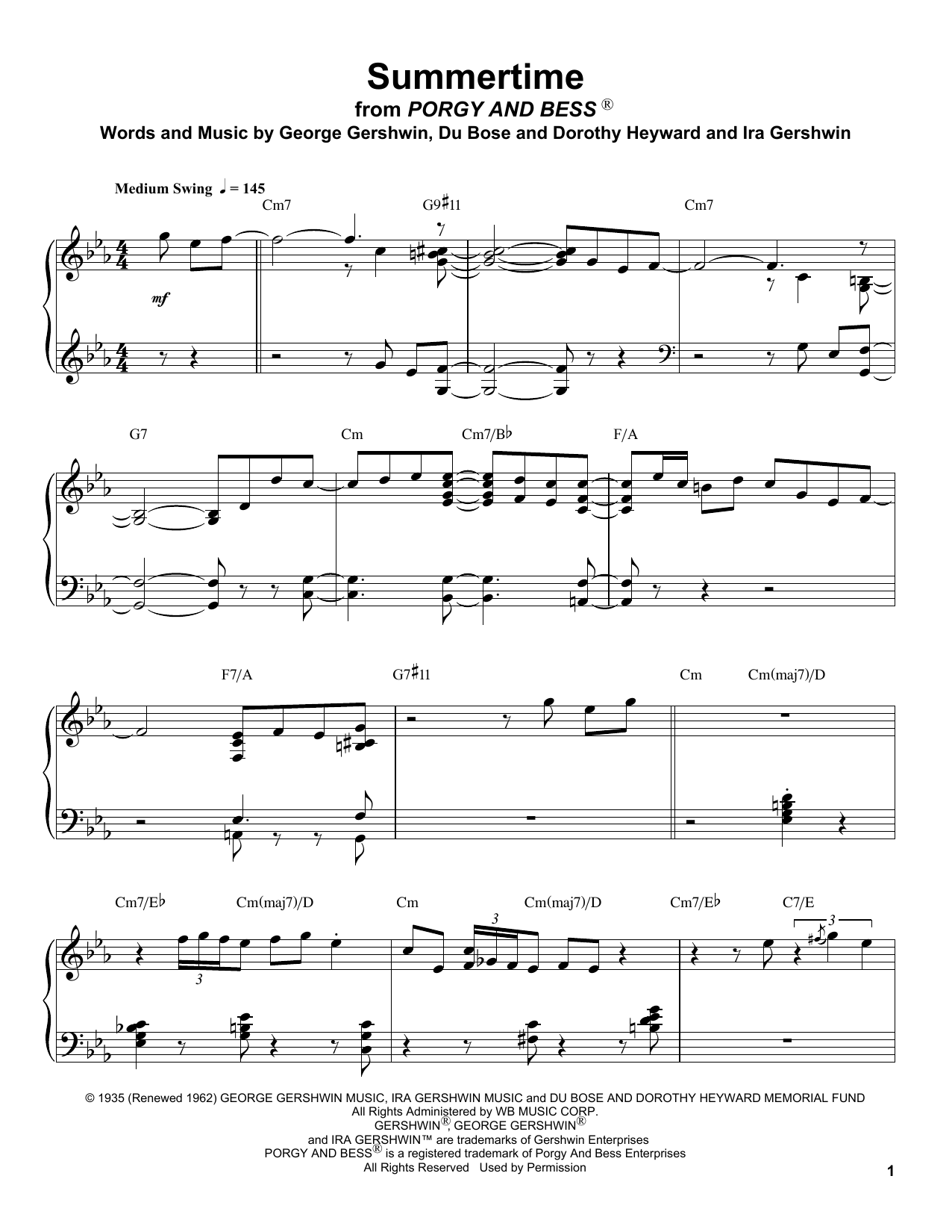 Oscar Peterson Summertime sheet music notes and chords arranged for Piano Transcription