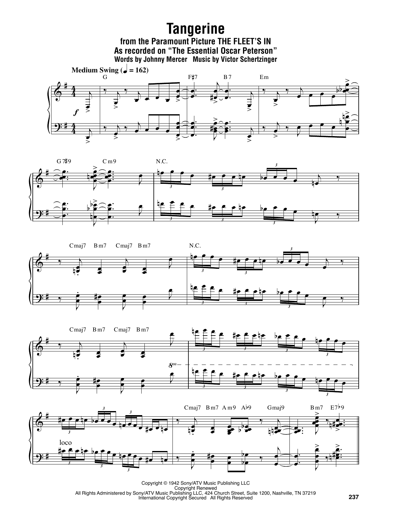 Oscar Peterson Tangerine sheet music notes and chords arranged for Piano Transcription