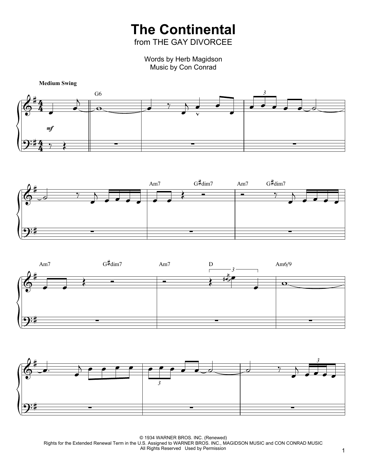 Oscar Peterson The Continental sheet music notes and chords arranged for Piano Transcription