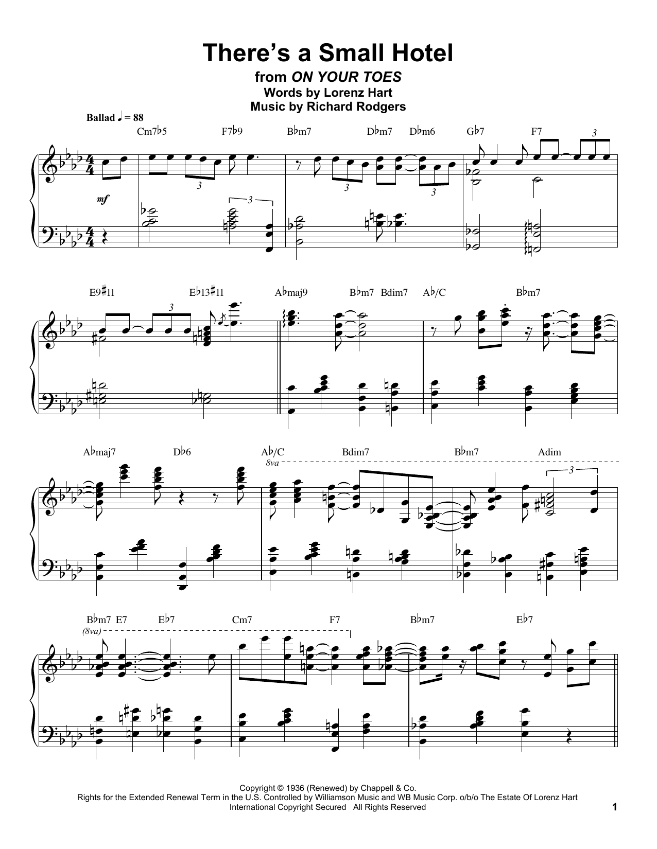 Oscar Peterson There's A Small Hotel sheet music notes and chords arranged for Piano Transcription