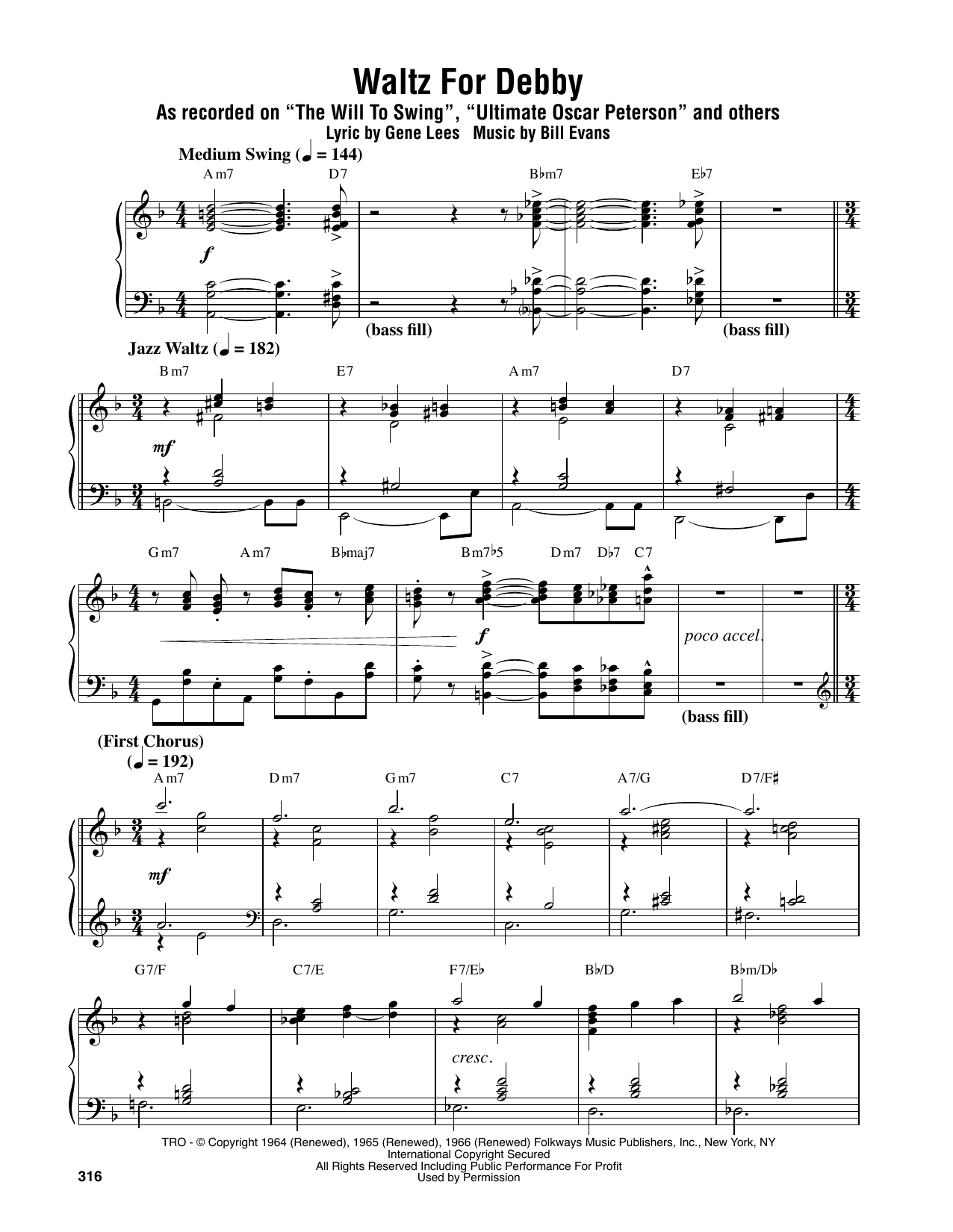 Oscar Peterson Waltz For Debby sheet music notes and chords arranged for Piano Transcription