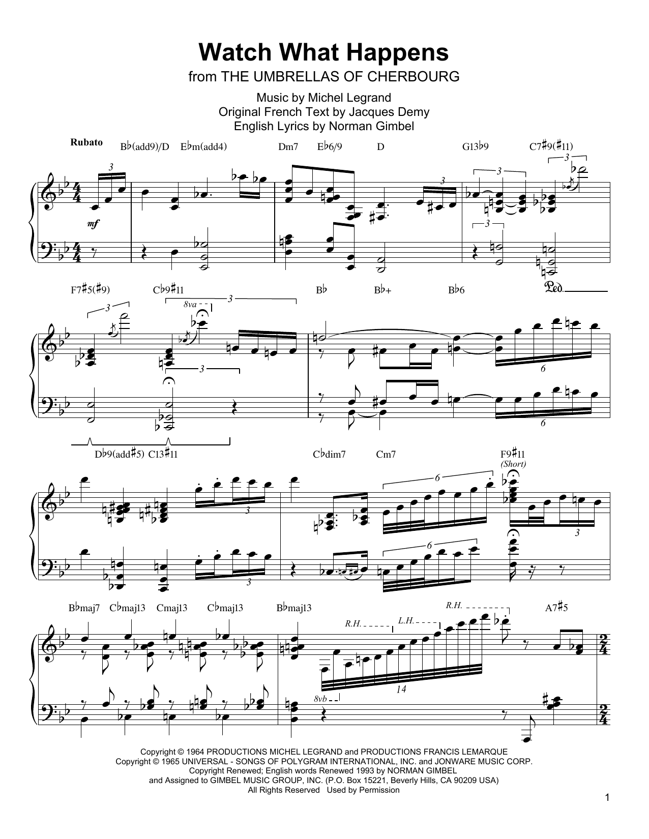 Oscar Peterson Watch What Happens sheet music notes and chords arranged for Piano Transcription