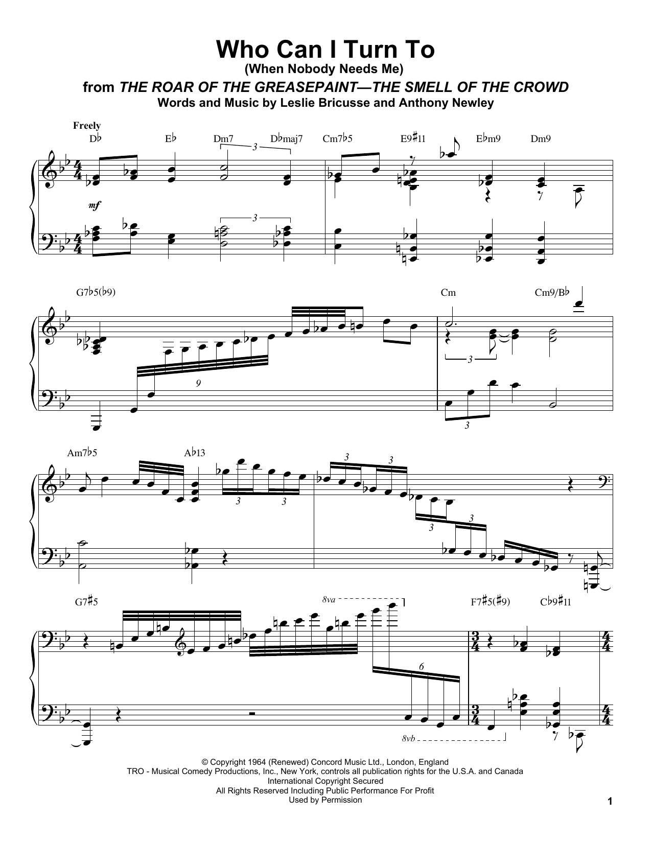 Oscar Peterson Who Can I Turn To (When Nobody Needs Me) sheet music notes and chords arranged for Piano Transcription