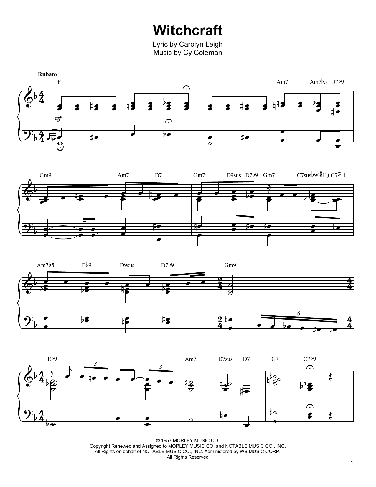 Oscar Peterson Witchcraft sheet music notes and chords arranged for Piano Transcription