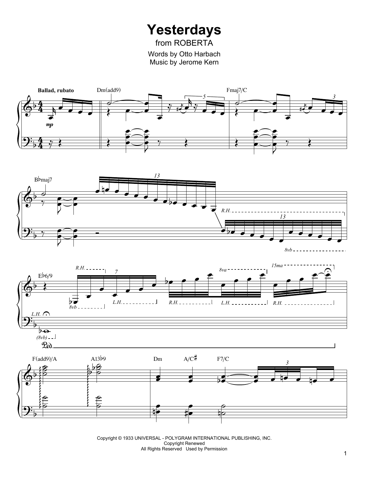 Oscar Peterson Yesterdays sheet music notes and chords arranged for Piano Transcription