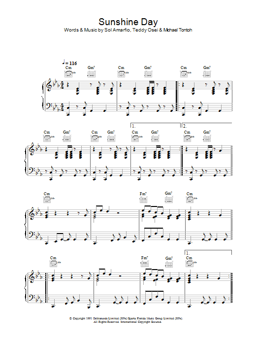 Osibisa Sunshine Day sheet music notes and chords arranged for Piano, Vocal & Guitar Chords
