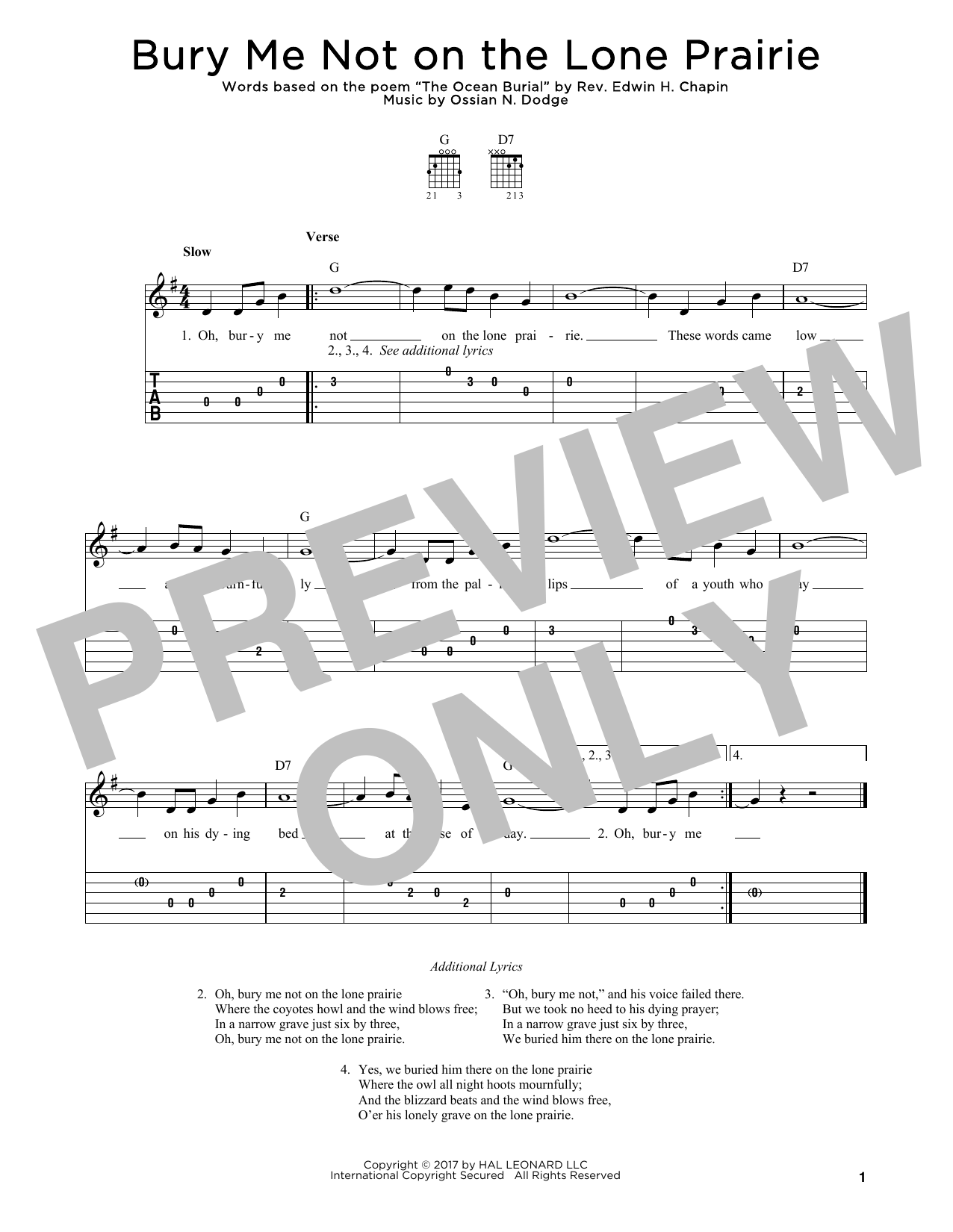 Ossian N. Dodge Bury Me Not On The Lone Prairie sheet music notes and chords arranged for Solo Guitar