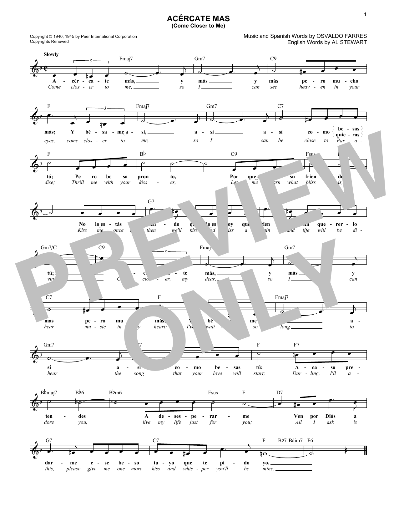 Osvaldo Farrés Acercate Más (Come Closer To Me) sheet music notes and chords arranged for Real Book – Melody & Chords
