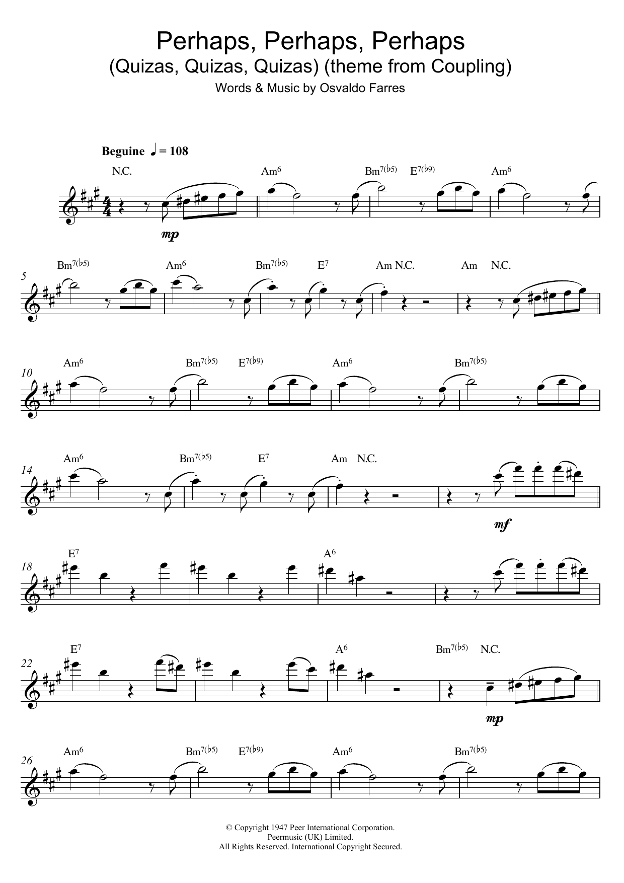 Osvaldo Farres Perhaps, Perhaps, Perhaps (Quizas, Quizas, Quizas) sheet music notes and chords arranged for Alto Sax Solo