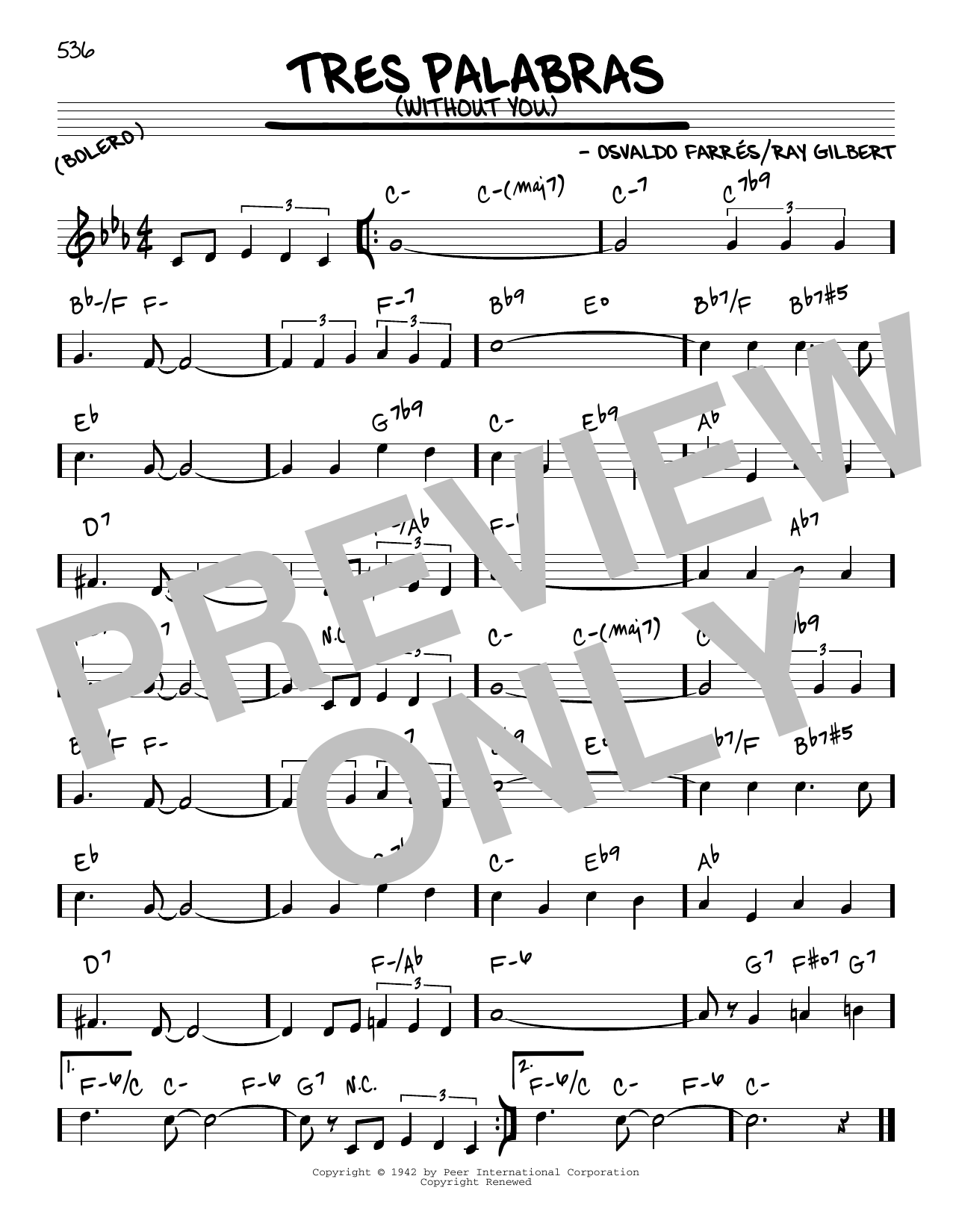 Osvaldo Farres Tres Palabras (Without You) sheet music notes and chords arranged for Piano, Vocal & Guitar Chords (Right-Hand Melody)
