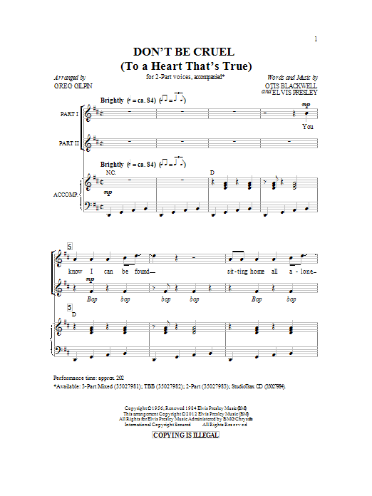Otis Blackwell Don't Be Cruel (To A Heart That's True) sheet music notes and chords arranged for 3-Part Mixed Choir