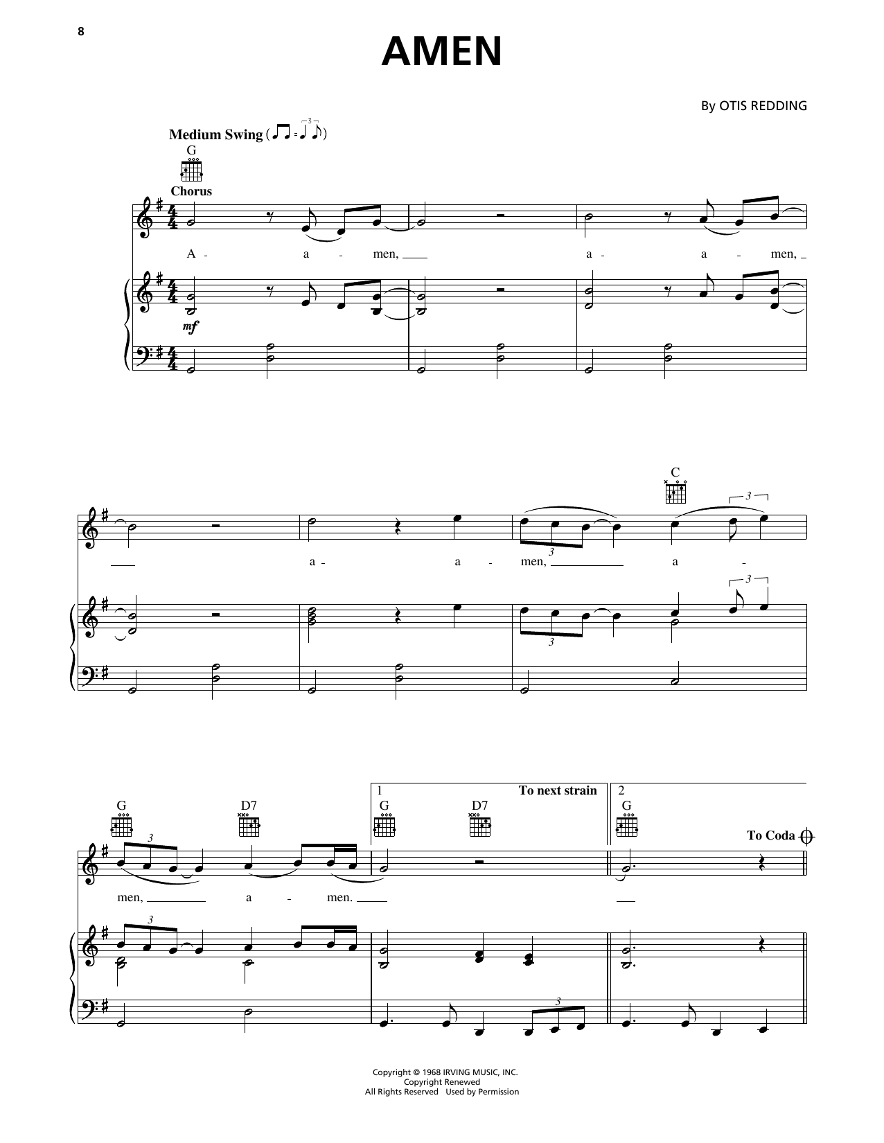 Otis Redding Amen sheet music notes and chords arranged for Piano, Vocal & Guitar Chords (Right-Hand Melody)