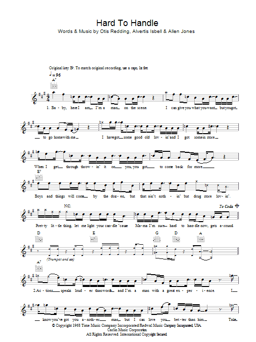 Otis Redding Hard To Handle sheet music notes and chords arranged for Guitar Chords/Lyrics