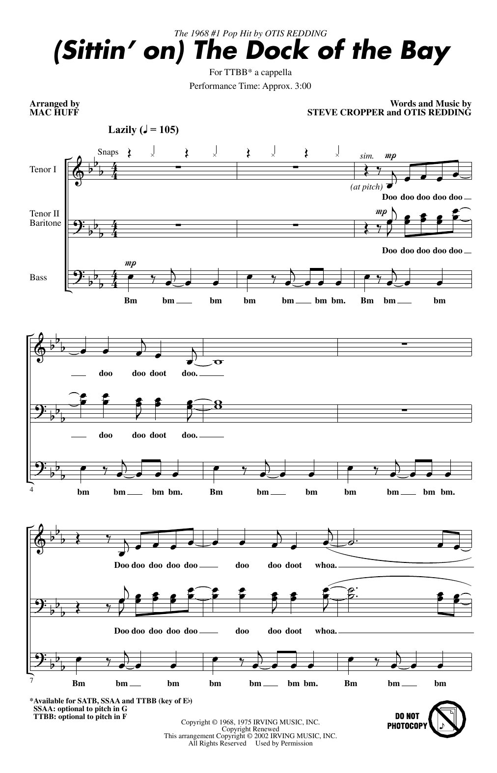 Otis Redding (Sittin' On) The Dock Of The Bay (arr. Mac Huff) sheet music notes and chords arranged for SATB Choir