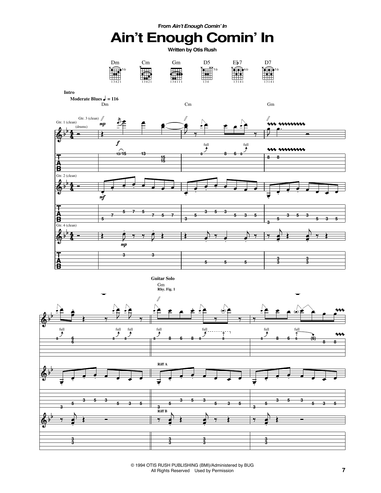 Otis Rush Ain't Enough Comin' In sheet music notes and chords arranged for Guitar Tab