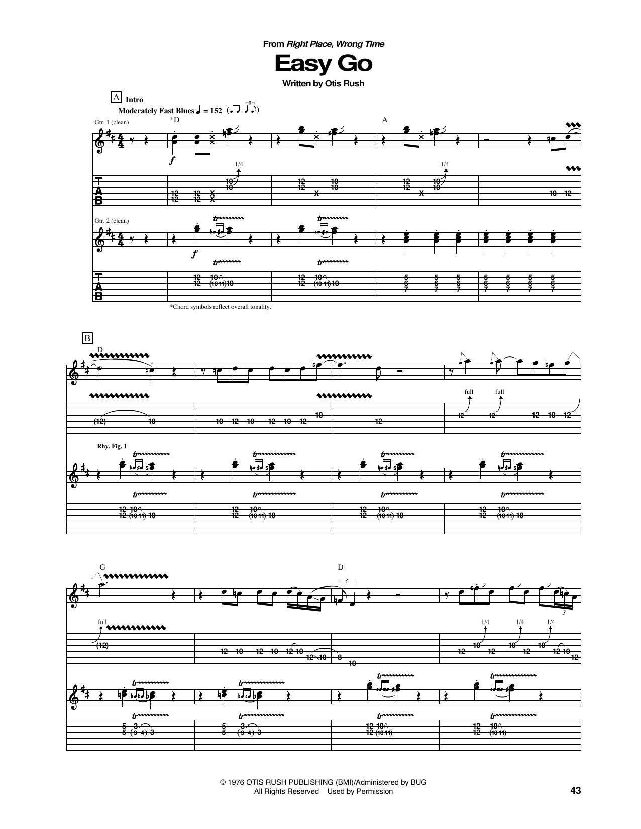 Otis Rush Easy Go sheet music notes and chords arranged for Guitar Tab