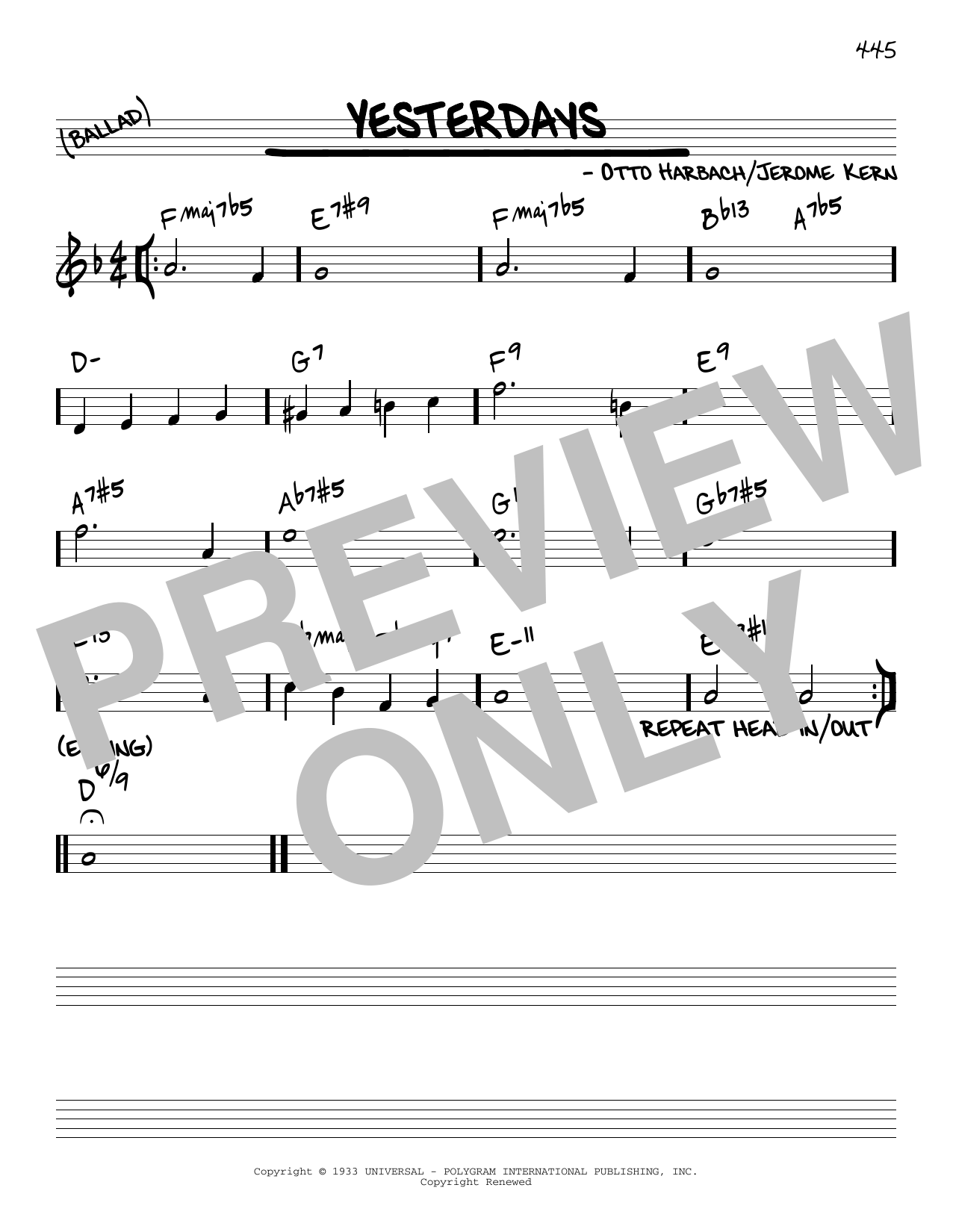 Otto Harbach Yesterdays [Reharmonized version] (arr. Jack Grassel) sheet music notes and chords arranged for Real Book – Melody & Chords