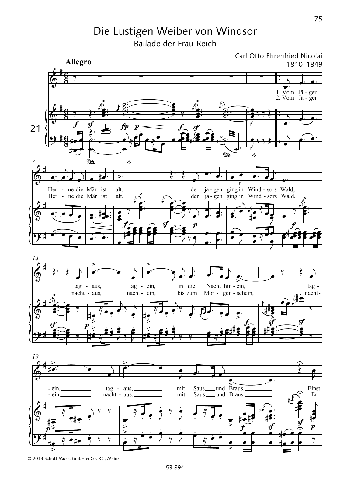 Otto Nicolai Vom Jäger Herne die Mär ist alt sheet music notes and chords arranged for Piano & Vocal