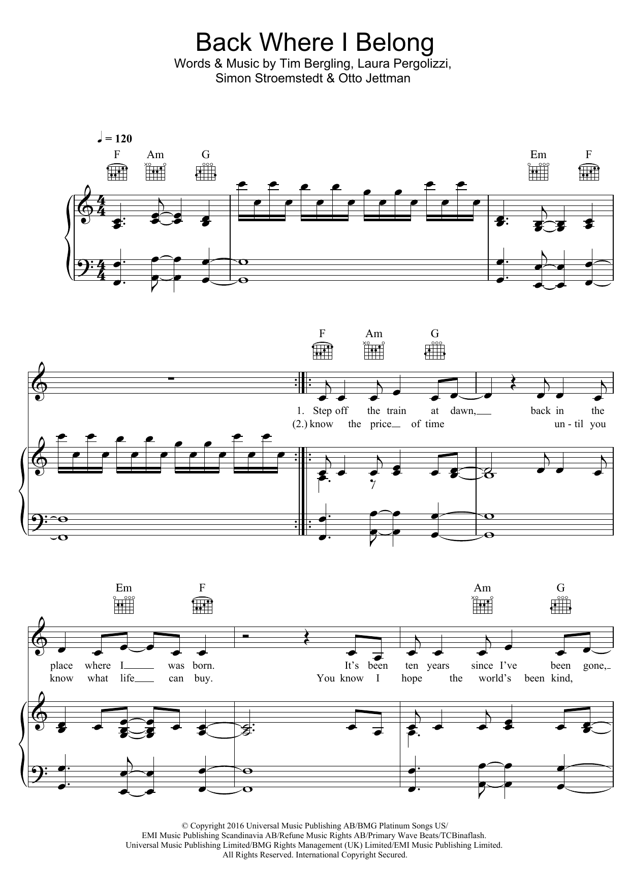 Otto Knows Back Where I Belong (featuring Avicii) sheet music notes and chords arranged for Piano, Vocal & Guitar Chords
