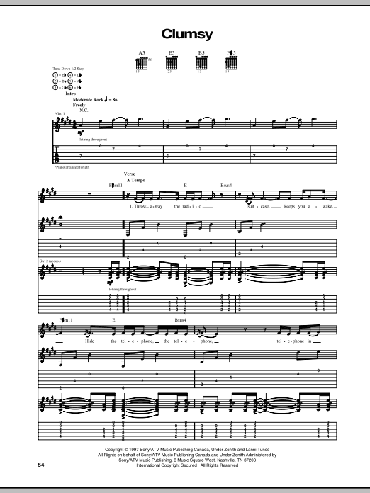 Our Lady Peace Clumsy sheet music notes and chords arranged for Guitar Tab