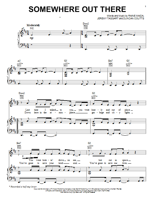 Our Lady Peace Somewhere Out There sheet music notes and chords arranged for Piano, Vocal & Guitar Chords (Right-Hand Melody)