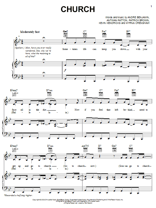 OutKast Church sheet music notes and chords arranged for Piano, Vocal & Guitar Chords (Right-Hand Melody)